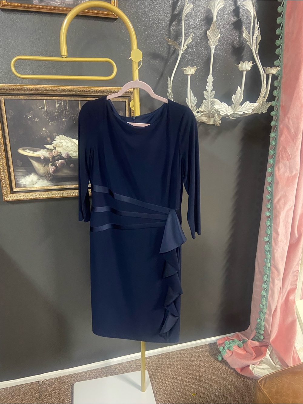 Joseph Ribkoff Navy Blue Three-Quarter Sleeve Sheath Dress with Side Ruffle